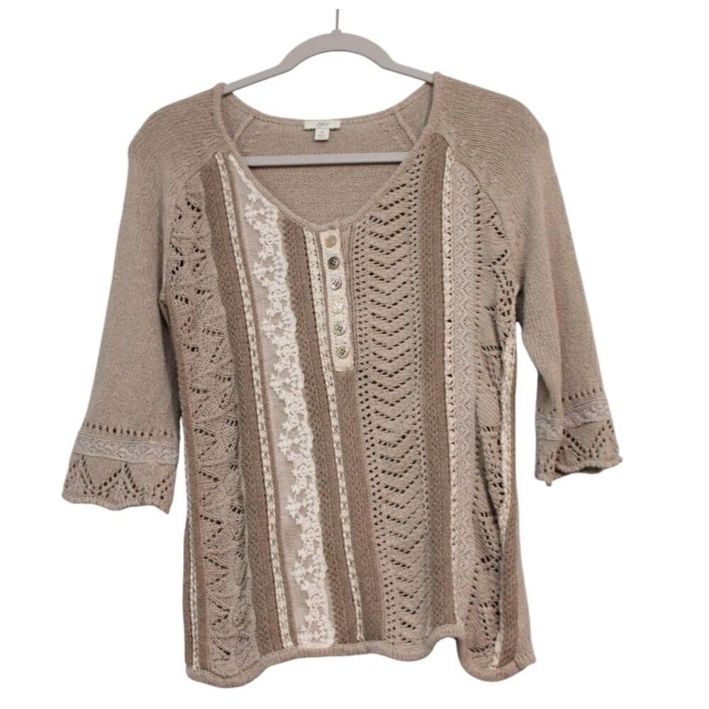 J Jill Sweater Blouse Size Small Knit Lace Boho Silk Cotton Beach Coastal Preppy